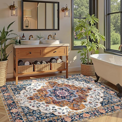 Ciicool 3x5 Area Rug, Washable Boho Rugs for Bedroom Non-Slip Indoor Rugs Large Low-Pile Mat Floor Carpet Vintage Rug for Kitchen Living Room Office Dinning Foyer Decor
