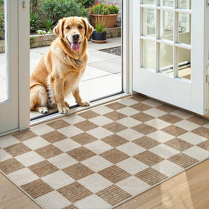 LIVEBOX 3x5 Washable Area Rug Checkered, Non-Slip Small Entryway Rug Brown Farmhouse Neutral Classic Geometric Boys Rug for Bedroom Room Low-Pile Carpet for Indoor Kitchen Bathroom(Brown 3'x5')