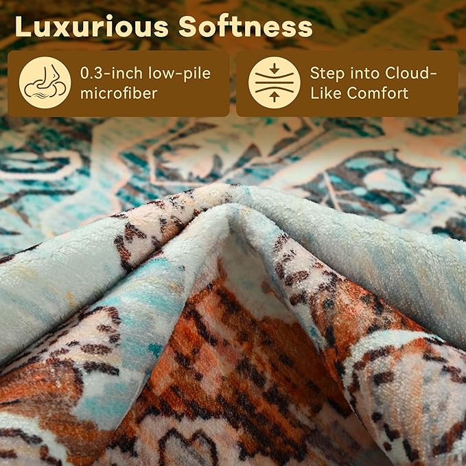YJ.GWL Area Rugs for Living Room 5x7 Machine Washable Rugs, Non Slip Floral Vintage Rug Indoor Carpet, Stain Resistant Large Rug for Bedroom Dining Room, Copper Tan