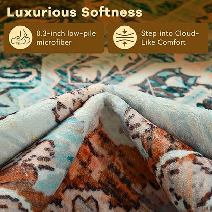 YJ.GWL Area Rugs for Living Room 5x7 Machine Washable Rugs, Non Slip Floral Vintage Rug Indoor Carpet, Stain Resistant Large Rug for Bedroom Dining Room, Copper Tan