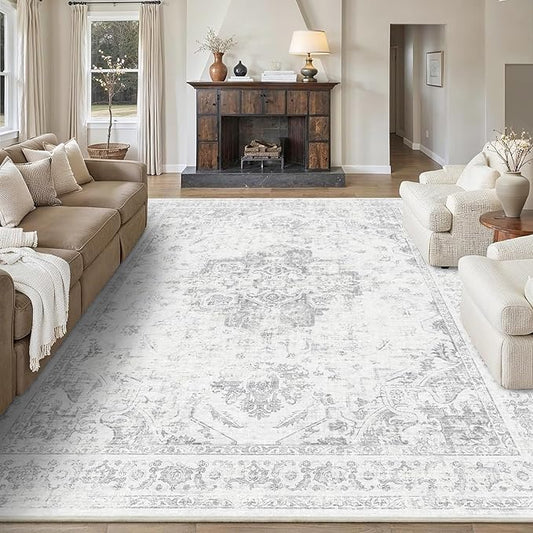 9x12 Vintage Washable Area Rugs Boho Medallion Large Distressed Retro Accent Carpet Floral Non-Slip Soft Low Pile Indoor Throw Rug for Living Room Bedroom Dining Room Office Kitchen, Gray