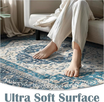 jinchan Runner Rug 2x5 Washable Kitchen Hallway Runner Soft Thin Vintage Low Pile Non Slip Distressed Carpet Floral Medallion Rug for Bathroom Bedroom Laundry Room Blue Multi