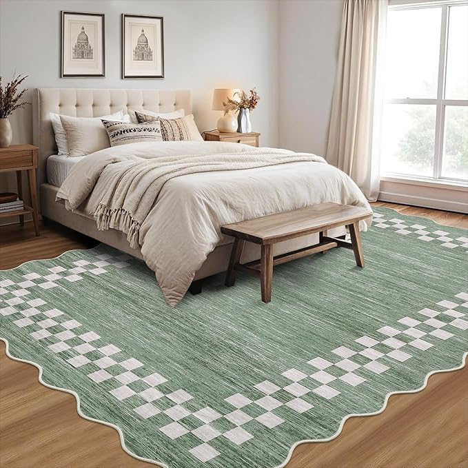 GarveeHome 8x10 Area Rug for Living Room Scalloped Washable Large Bedroom Rug Non Slip Stain Resistant Modern Border Dining Room Throw Carpet Scalloped Boho Rug for Home Decor Office Nursery, Green