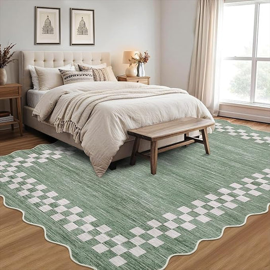 GarveeHome Scalloped Washable Rug 9x12 Area Rug for Living Room Modern Border Large Bedroom Throw Carpet with Rubber Backing Stain Resistant Boho Rug for Dining Room Home Decor Office, Green