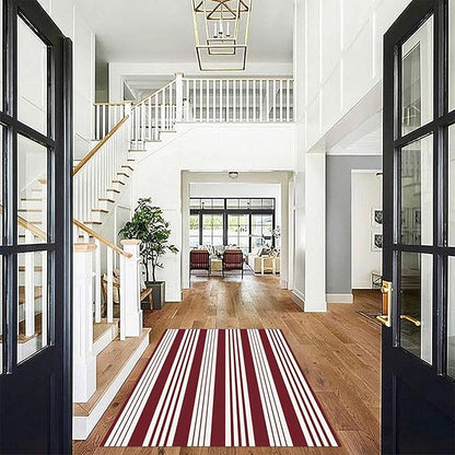KOZYFLY Striped Outdoor Rug 4x6 Ft Red and White Christmas Front Door Rug Woven Area Rug Washable Indoor Cotton Rugs for Living Room Kitchen Entryway Patio Front Porch Holiday Decor