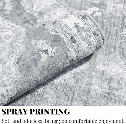 MUJOO Grey Rug 3'x5' Washable, Boho Area Rugs for Entryway Bedroom Living Room Kitchen,Small Vintage Bohemian Distressed Farmhouse Non Slip Carpet,Floral