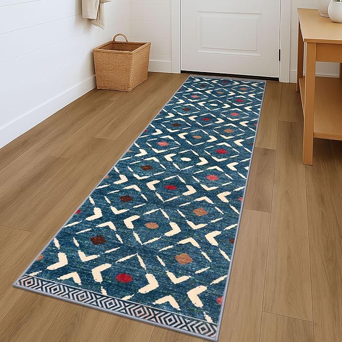 KILOCOCO Hallway Runner Rug 2'x7' Runners for Hallways Soft Washable Runner Rugs Non Slip Printed Low-Pile Runners for Bedroom Kitchen Living Room Laundry Room Boho Rugs, Teal/Blue