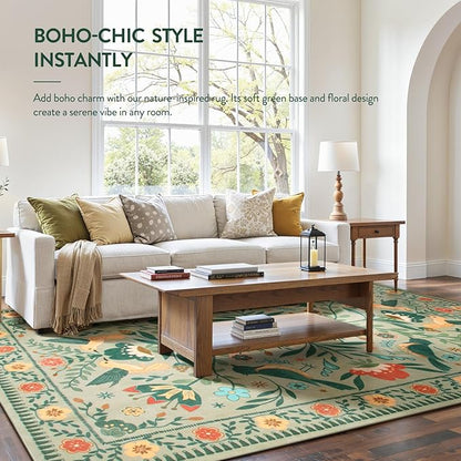Moynesa Area Rugs 9x12 Green Aesthetic Home Decor, Modern Farmhouse Country Floral Bird Print Pattern Medallion Carpet for Living Room Bedroom Dining Room,Non-Slip Washable Floor Protection