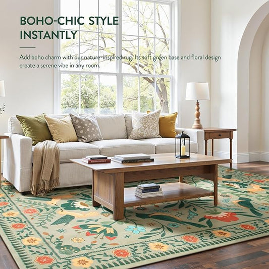 Moynesa Area Rugs 9x12 Green Aesthetic Home Decor, Modern Farmhouse Country Floral Bird Print Pattern Medallion Carpet for Living Room Bedroom Dining Room,Non-Slip Washable Floor Protection