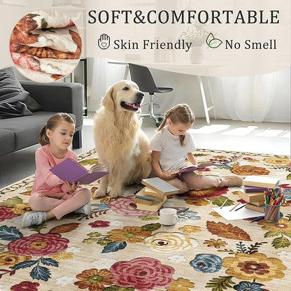 6ft Round Machine Washable Area Rug for Living Room, Beige Vintage Boho Floral Rug Large Non-Slip Low Pile Soft Faux Wool Carpet, Kids and Pets Friendly for Bedroom Nursery Farmhouse Home Decor Rug