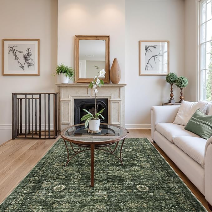 Morebes Washable Green 5x7 Area Rugs, Vintage Soft Bedroom Rug Non Slip, Non-Shedding Distressed Indoor Floor Throw Carpet for Bathroom Kitchen Living Dining Room Playroom Farmhouse Christmas Decor