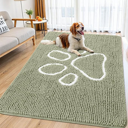 Smiry Dog Door Mat for Muddy Paws, Absorbent Dirt Trapper Non Slip Quick Dry Washable Chenille Mat for Mud Dogs, Entry Rug for Indoor and Outdoor (71x46 Inches, Sage Green and White)
