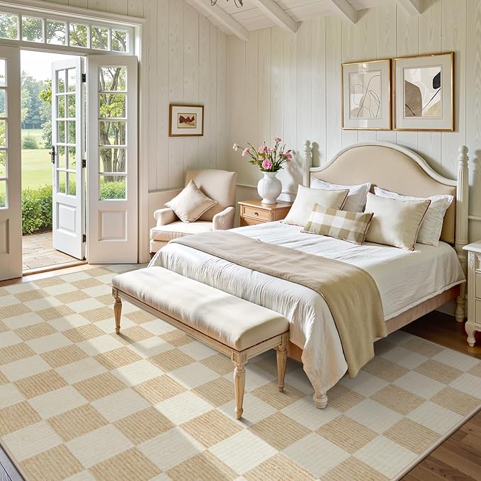 LIVEBOX 8x10 Area Rugs for Living Room, Checkered Non-Slip Washable Rugs, Farmhouse Neutral Classic Geometric Pattern Large Boys Area Rug for Bedroom, Carpet for Dining Room Office(Ivory,8'x10')