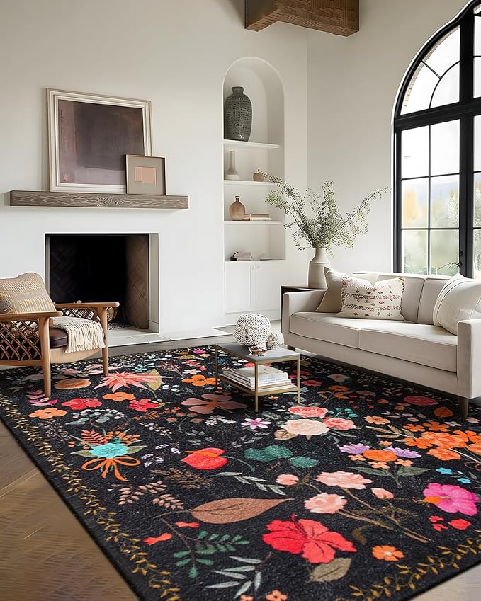 Area Rug 9x12, Washable Large Rugs for Living Room, Non Slip 0.27" Low Pile Vintage Floral Large Carpet for Bedroom, Dining Room, Kids Playroom (Black)
