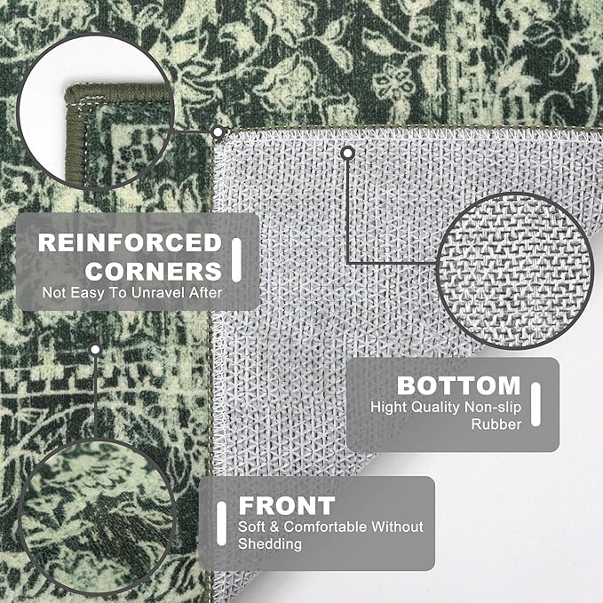 KILOCOCO Area Rug 3x5 Entryway Rug Washable Printed Vintage Floral Rubber Backed Non Slip Indoor Kitchen Rugs for Living Room Laundry Room Playroom Mudroom Moroccan Area Rugs, Green
