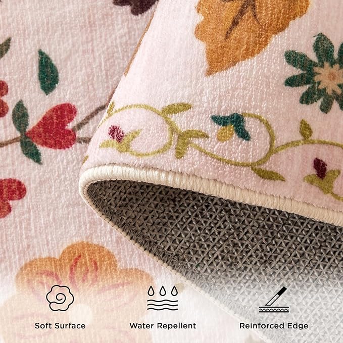 3x5 Area Rug, Floral Pink Washable Rug for Entryway, Non Slip Flower Area Rugs, Soft Low Pile Indoor Doormat Small Carpet, Rugs for Living Room Bedroom Nursery Kitchen Dining Room, Pink/Beige
