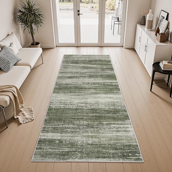 PADOOR Modern Abstract Runner Rug - 2x6 Washable Hallway Rugs, Ultra Soft Non-Slip Low Pile Floor Rugs for Hallway Entryway Kitchen Bedroom Bedside Laundry Room Green