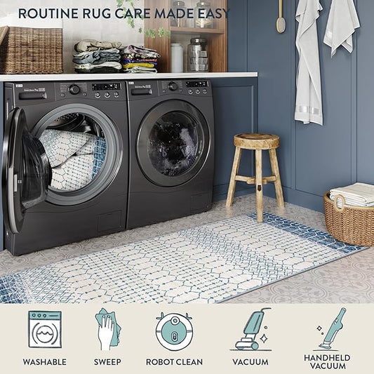Lahome Moroccan Entryway Rugs Indoor 2x3 Area Rug Blue Non-Slip Backing Washable Indoor Mats for Entryway Low-Profile Throw Soft Rugs for Bathroom, Geometric Print Door Rug for Kitchen Bedside