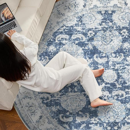 jinchan Fiora Round Rug 6ft Area Rug - Dark Blue Vintage Floor Mat Indoor Ultra-Thin Soft Floral Print - Washable Circle 6' Retro Accent for Farmhouse Non Slip Dining Room Living Room Bedroom Office