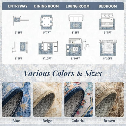 tchdio 3x5 Bedroom Area Rug, Non Slip Washable Entryway Rug Indoor, Soft Low Pile Vintage Door Mat, Stain Resistant Rug for Entrance, Bedside, Dining Room (Blue, 3'x5')