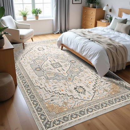 5x7 Grey Beige Area Rug for Living Room, Machine Washable Rugs with Non-Slip Backing for Bedroom, Vintage Medallion Carpet Dining Room Office Kids Room Decor