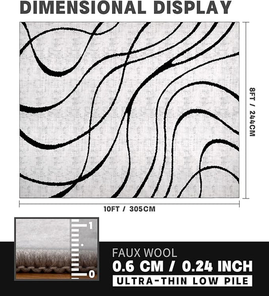 YIHOUSE Modern Rugs for Living Room, 8x10 Washable Black and White Area Rug, Thin Abstract Geometric Striped Rug, Area Rug for Bedroom,Kitchen,Dining Room,Office