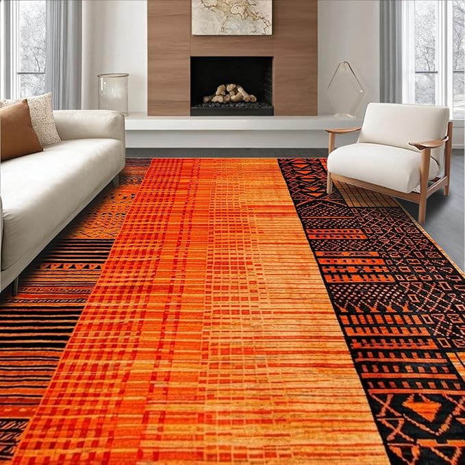 Flatwoven High Traffic Area Rug 6x9, Burnt Orange Copper Fiery Abstract Shape Floor, Non Slip, Stain Resistant, Washable Area Rugs for Living Room, Bedroom (Orange, 6x9)