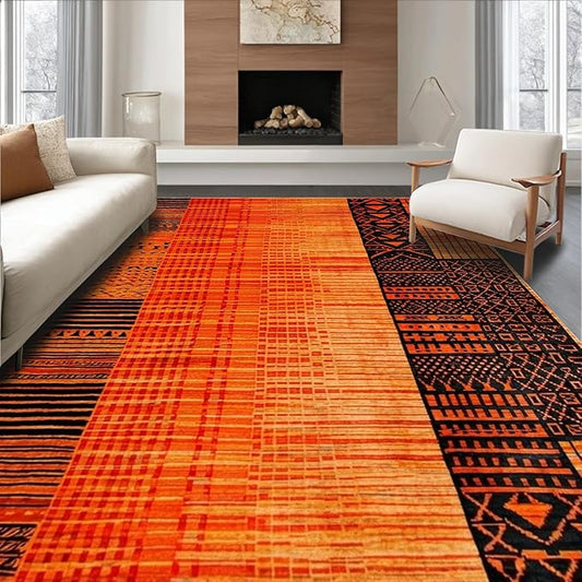 Flatwoven High Traffic Area Rug 8x10, Burnt Orange Copper Fiery Abstract Shape Floor, Non Slip, Stain Resistant, Washable Area Rugs for Living Room, Bedroom (Orange, 8x10)
