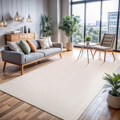 CAMILSON Easy Jute Rug 6x9, Indoor Outdoor Off-White Color Fiber Area Rugs for Living Room Patio and Bedroom Rug Herringbone Seagrass Woven Design Easy-Cleaning, Washable Outside Carpet Alfombras 6x9