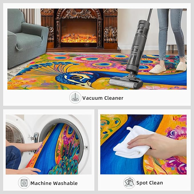 Peacock Rugs for Living Room - 6x9 Rug, Boho Floral Botanical Area Rugs for Bedroom, Wonderful Peacock Rug, Peafowl Washable Carpet, Floral Animal Carpet - Peafowl Home Decor & Gifts