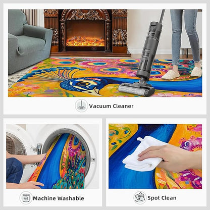 Peacock Rugs for Living Room - 5x8 Rug, Boho Floral Botanical Area Rugs for Bedroom, Wonderful Peacock Rug, Peafowl Washable Carpet, Floral Animal Carpet - Peafowl Home Decor & Gifts