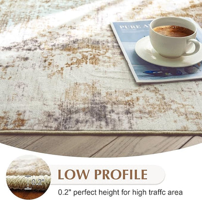 FMFUNCTEX 5x7 Washable Area Rug Abstract Modern Neutral Brown Grey Non Slip Soft Low Pile Thin Accent Indoor Carpet for Living Room Bedroom Dining Office Nursery Bedside Entryway Entrance, Grey Gold