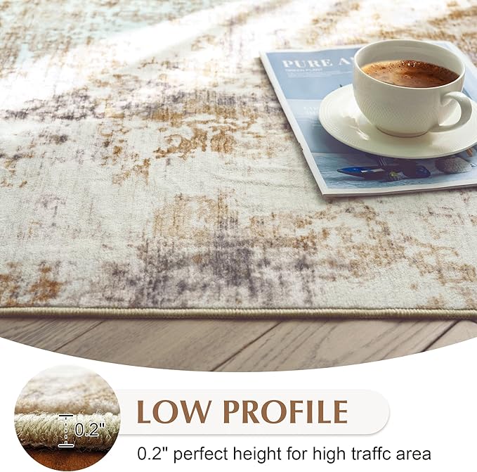 Fmfunctex 8x10 Washable Abstract Area Rug Brown Grey Neutral Modern Large Non Slip Carpet for Living Room Bedroom Soft Low Pile Indoor Mat Accent Throw Rug for Dining Kitchen Office Nursery, Grey Gold