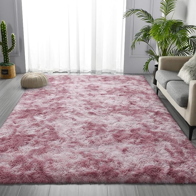 Shag Area Rug, 4 X 6 Tie-Dyed Plush Fuzzy Rugs for Living Room, Ultra Soft Fluffy Furry Rug for Bedroom, Indoor Carpet Nursery Rugs for Kids Room Home Decor, Pink Purple