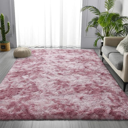 Shag Area Rug, 4 X 6 Tie-Dyed Plush Fuzzy Rugs for Living Room, Ultra Soft Fluffy Furry Rug for Bedroom, Indoor Carpet Nursery Rugs for Kids Room Home Decor, Pink Purple