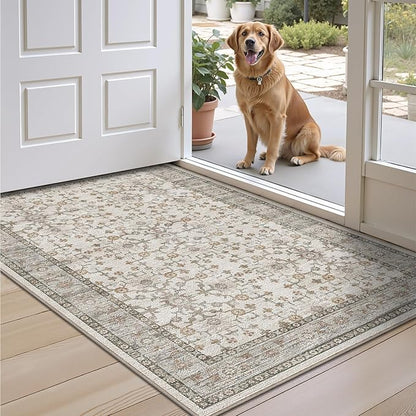 LUMI Indoor Thin Door Mat, 32x47 Washable Small Inside Doormat, Non Slip Low Pile Oriental Floor Carpet, Vintage Distressed Area Rug for Front Door,Entrance,Bedroom, Celadon