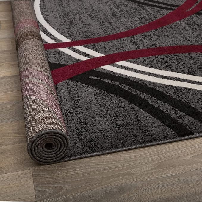 Rugshop Modern Wavy Circles Design Non-Shedding Square Rug, Carpet for Dining Room or Living Room, Red, 6'6" x 6'6"