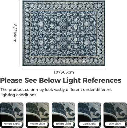 LIVEBOX Washable Area Rug 8x10 - Large Blue Boho Living Room Rug Vintage Rugs for Bedroom, Non-Slip Retro Floral Carpet Print Distressed Accent Rugs for Dining Room Home Office