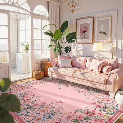 Lahome Boho Floral 8x10 Pink Rugs for Bedroom Girls, Non Slip Washable Nursery Rugs for Living Room, Pastel Indoor Throw Carpet for Dorm Classroom Playroom(Pink,8x10)
