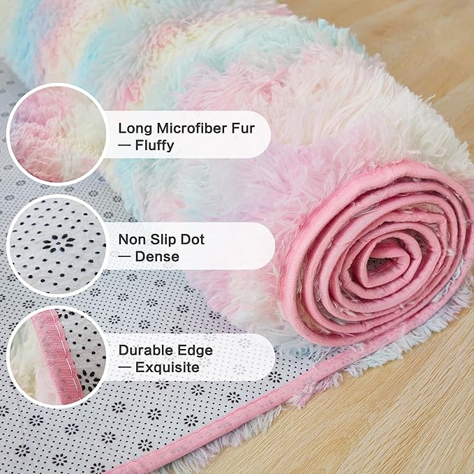 Andency 6x9 Area Rugs, Large Shag Fluffy Soft Shaggy Rugs for Living Room Bedroom, Non-Slip Tie-Dyed Rainbow Thick Plush Carpet for Kids Girls and Boys, Dorm Nursery Home Decor Aesthetic