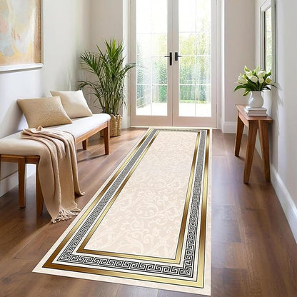 Classic Bohemian Hallway Rugs, 2x10ft, Western Retro Greek Key Beige Fade Resistant Hall Rug, Washable Kitchen Low-Pile Floor Carpet Runners for Bathroom Laundry