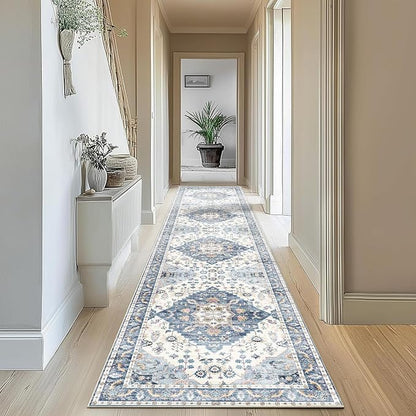 Enkor Runner Rugs for Hallway, 2.6x10.5 Washable Soft Non Slip Floor Rugs for Kitchen, Modern Mat for Living Room Bedroom Entryway Blue & White