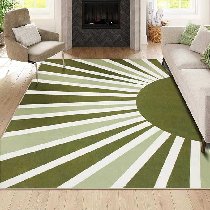 Lahome Washable Rugs 9x12 - Non-Slip Living Room Rug 9x12 Ultra-Thin Large Soft Bedroom Rugs, Boho Rainbow Sun Print Indoor Stain Resistant Floor Rug for Dining Room Table Office (9'x12', Green)