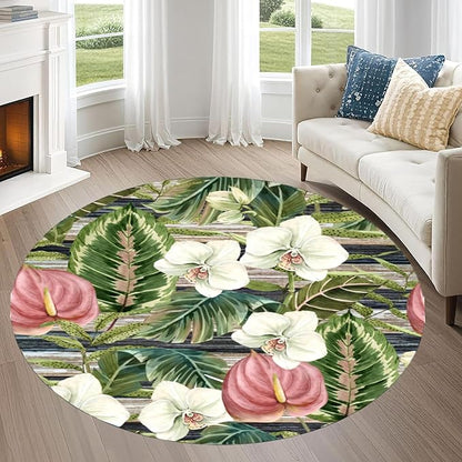 3.3ft Round Indoor Rug Non-Shedding Machine Washable，Low Pile Non-Slip Carpet with Tropical Floral Pattern，Soft Floor Mat for Living Room, Bedroom, Mudroom Easy Clean Home Decor