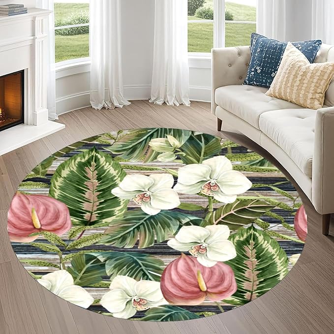 3ft Round Indoor Rug Non-Shedding Machine Washable，Low Pile Non-Slip Carpet with Tropical Floral Pattern，Soft Floor Mat for Living Room, Bedroom, Mudroom Easy Clean Home Decor