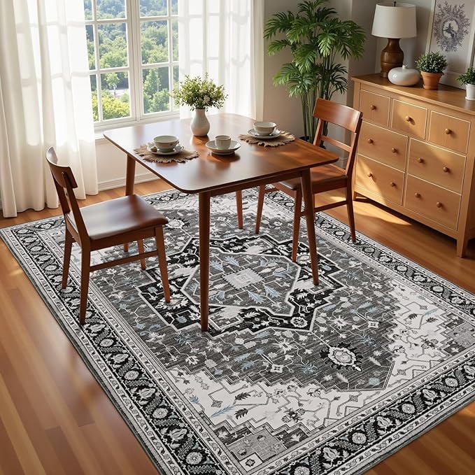 5x7 Black Grey Area Rug for Living Room, Machine Washable Rugs with Non-Slip Backing for Bedroom, Vintage Medallion Carpet Dining Room Office Kids Room Decor