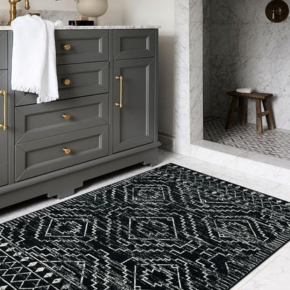 Wonnitar Moroccan 3x5 Rug, Black Washable Small Rug for Bedroom, Non-Slip Geometric Tribal Entry Throw Mat, Boho Farmhouse Rustic Soft Low Pile Area Rug for Bathroom Dining Guest Room (Black,3'x5')