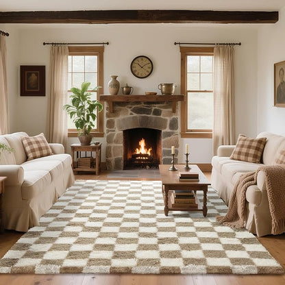 8x10 Area Rugs for Living Room Bedroom, Soft Fluffy Shaggy Bedside Rug, Indoor Floor Carpet for Kids Playroom, Dorms, Nursery Rooms, Home Decor (Camel & White 8'x10')