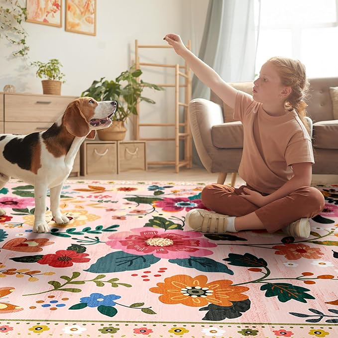 Floral 4x6 Area Rug Machine Washable Soft Print Boho Carpet Non Slip Doormat Low Pile Flower Area Rugs for Living Room Bedroom Nursery Kitchen Dining Room Indoor-Pink