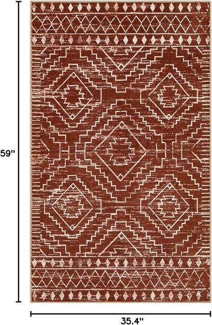 Wonnitar Moroccan Washable Area Rug, 3x5 Non-Slip Rugs for Living Room, Geometric Tribal Kitchen Entry Throw Mat, Soft Low Pile Non-Shedding Carpet for Bedroom Apartment Dorm (Brown,3'x5')